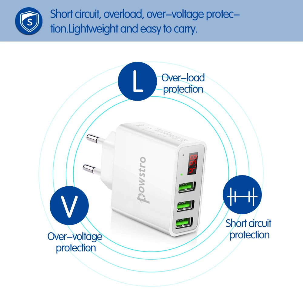 Быстрое зарядное устройство Powstro для мобильных телефонов 5 В 3 А сетевое с USB