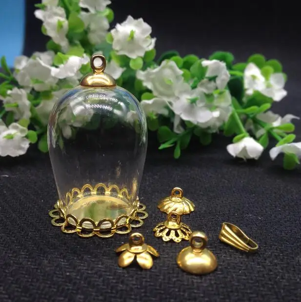 

50sets 30x18mm oval-shaped arch wishing bottle jar gold color double lace edge tray Christmas vial pendant glass globes