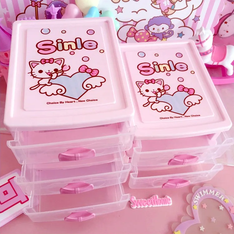 Розовый hello kitty органайзер для хранения, трехслойный ящик для офиса, Рабочий стол, KT Cat, коробка для хранения, пластиковая корзина, контейнер для макияжа, ювелирная коробка