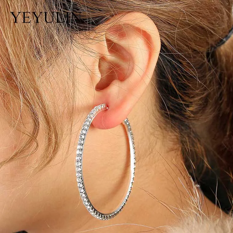Silver Super Large Серебряные золотые многоразовые блестящие прозрачные хрустальные стразы серьги-кольца для невесты большие круглые серьги для женщин Свадебная вечеринка - Окраска металла: Silver Super Large