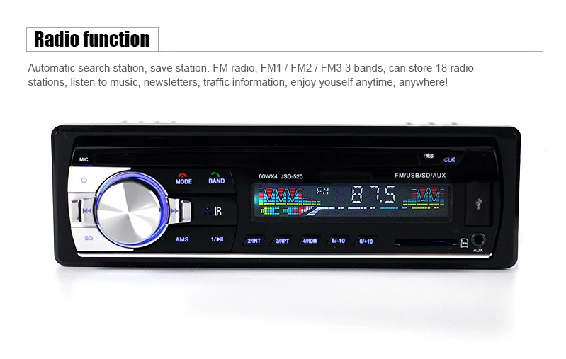 Авторадио 12 в Bluetooth V2.0 JSD520 автомобильный стерео In-dash 1 Din FM Aux вход приемник SD USB MP3 MMC WMA автомобильный Радио плеер