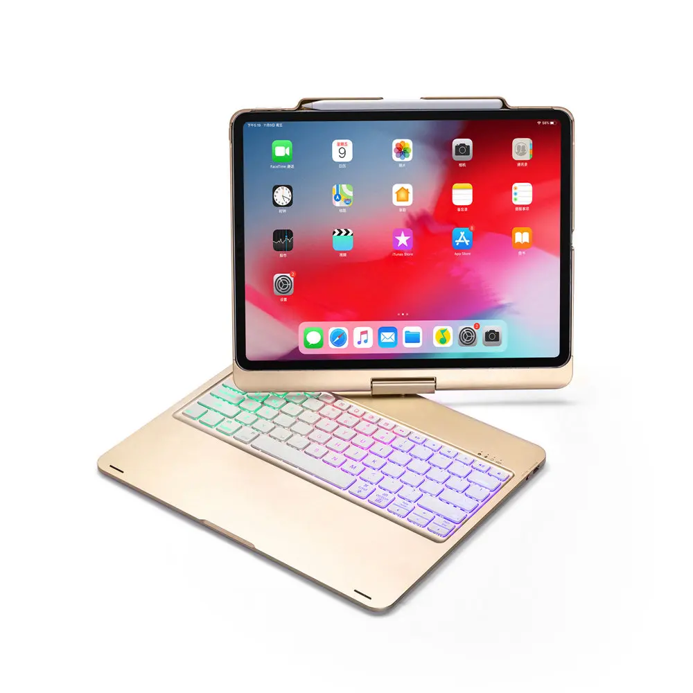 Gold Для iPad Pro 12,9 3-го поворотного 360 градусов светодиодный беспроводной Bluetooth чехол с клавиатурой на русском/испанском/иврите - Цвет: Gold