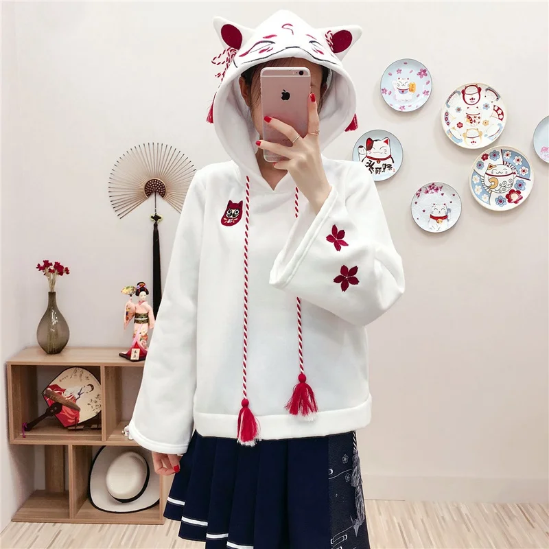 Белая, черная, японская одежда, Толстовка Harajuku Kawaii с вышитым котом, расклешенными рукавами, Женский Топ,, осенняя, японская Конфета FF2080