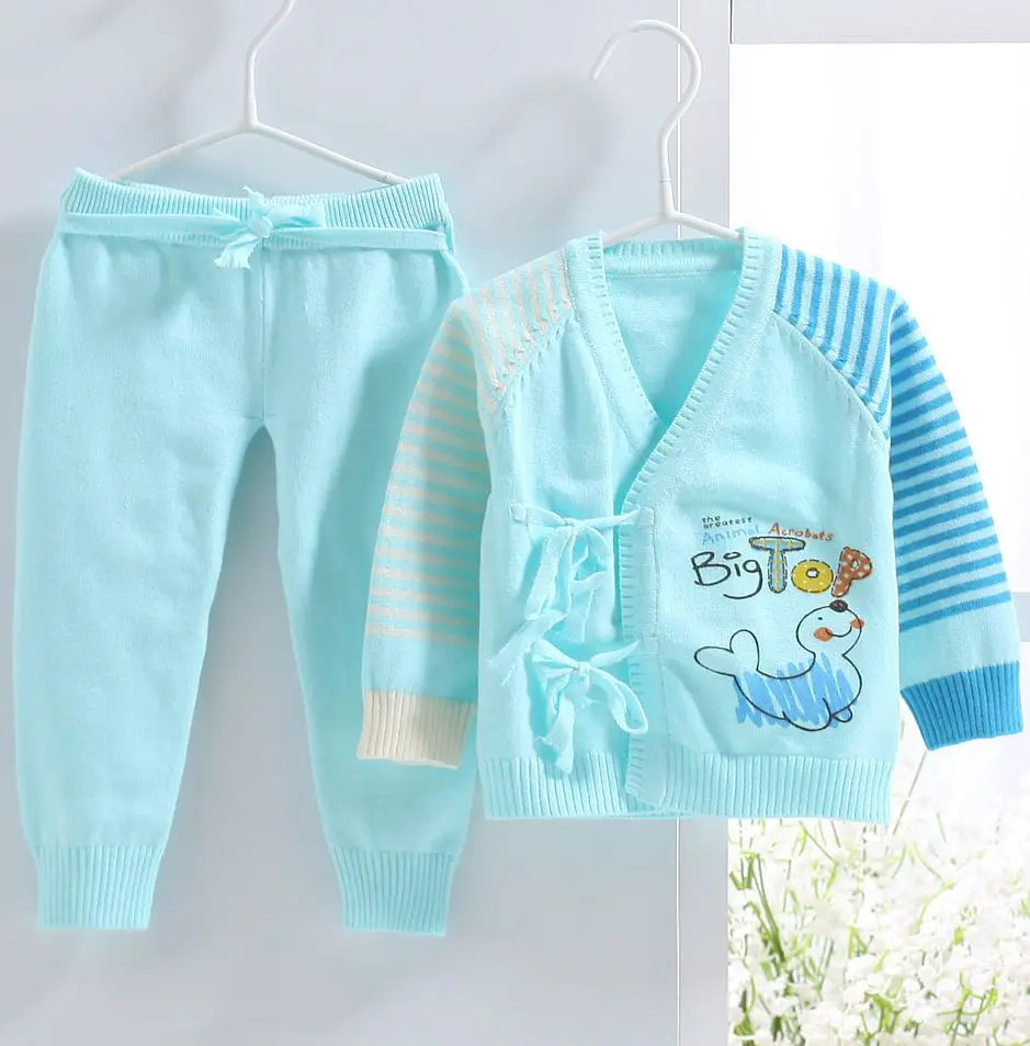 

High quality new borne baby knitted cotton romper set with belt YZP-1 blue