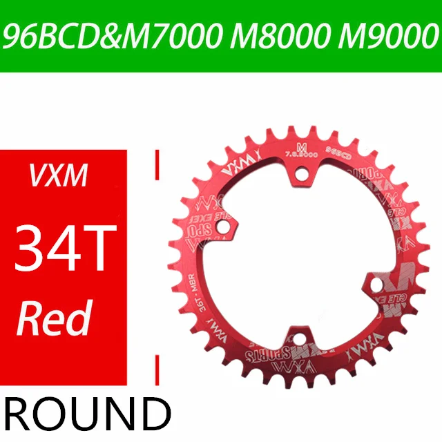 34T Red Round Велосипедная Звездочка VXM 96BCD 30 T/32 T/34 T/36 T/38 T, узкая широкая круглая овальная велосипедная звездочка, велосипедная круглая шатунная пластина, запчасти для велосипеда - Цвет: 34T Red Round