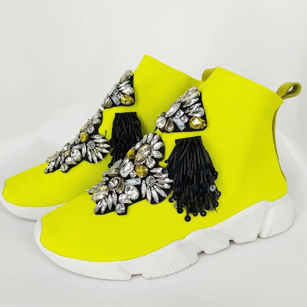 fluorescent yellow Мужские и wo мужские модели, тонкие, флуоресцентные, желтые, ручной работы, модные, необычные, стразы, спортивная обувь, вязаные носки, размер 34-48 - Цвет: fluorescent yellow