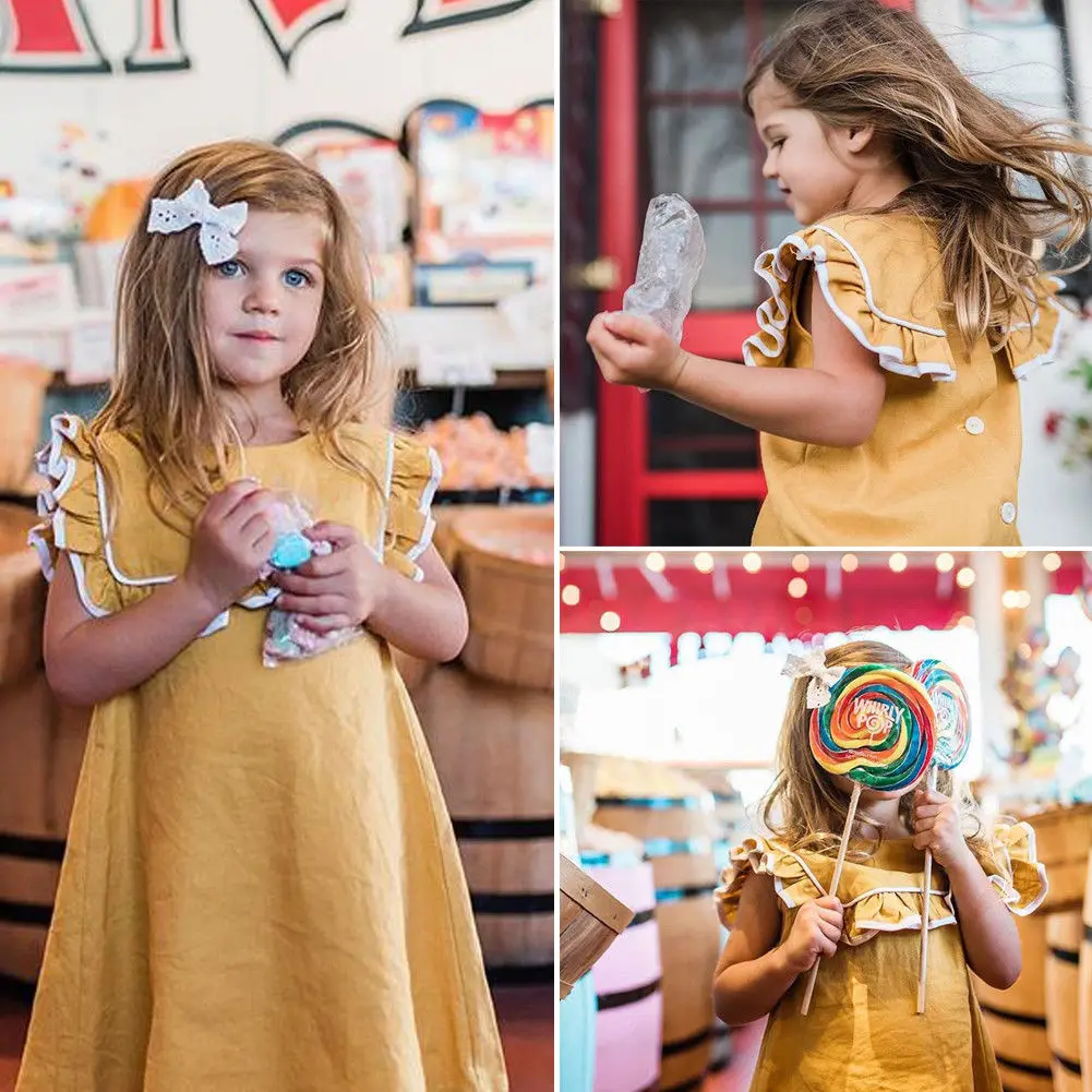 New summer lovely Toddler Kids Baby ruffles short sleeve yellow Princess dress Pageant Wedding Party Vintage Button Dresses | Детская