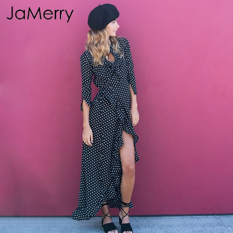 JaMerry винтажное черное в горошек бохо длинное платье женское повседневное с