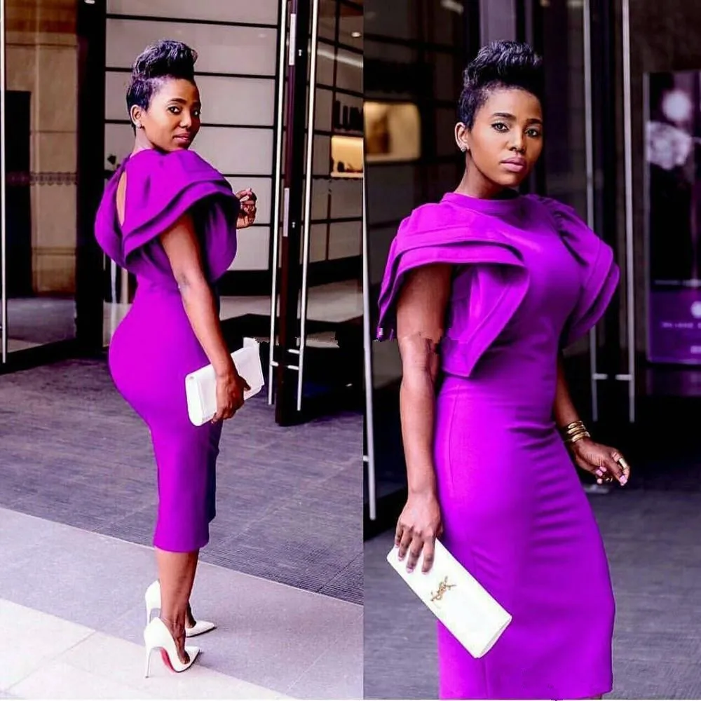 

Purple Cocktail Dresses Sheath Cap Sleeves Lace Tea Length Elegant Party Homecoming Dresses