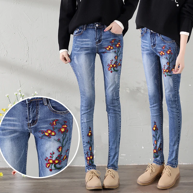 Цветочный Джинсы с вышивкой женский тонкий Повседневное джинсовые штаны 2018