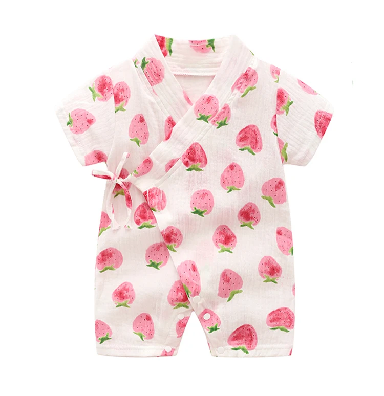 Y142-Strawberry Детские комбинезоны для новорожденных, штанишки для малышей противомоскитная хлопковая газовая Одежда для новорожденных девочек летние комбинезоны-кимоно с поясом - Цвет: Y142-Strawberry