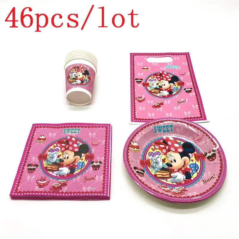 Disney Минни Мышь тема 83 шт./лот чашки+ пластина+ салфетка+ Рог для День рождения подарочный пакет+ баннер+ соломенная шляпа+ скатерть изделия для декорации