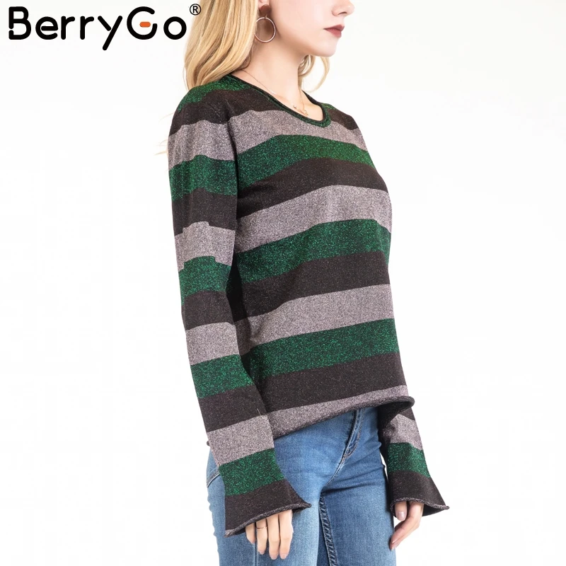 BerryGo Striped o neck bright silk sweater women winter 2018 Christmas long sleeve pullover sweaters female casual jumpers pull | Женская