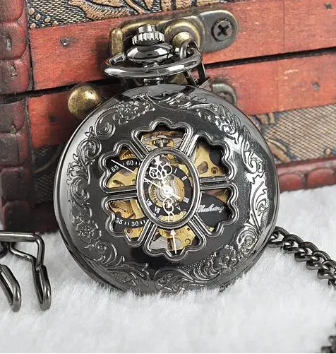 Antique Black Sunflower Hollow Relief Mechanical Pocket Watch Vintage Steampunk Fob Chain Men's Watch Women's Festival Gift