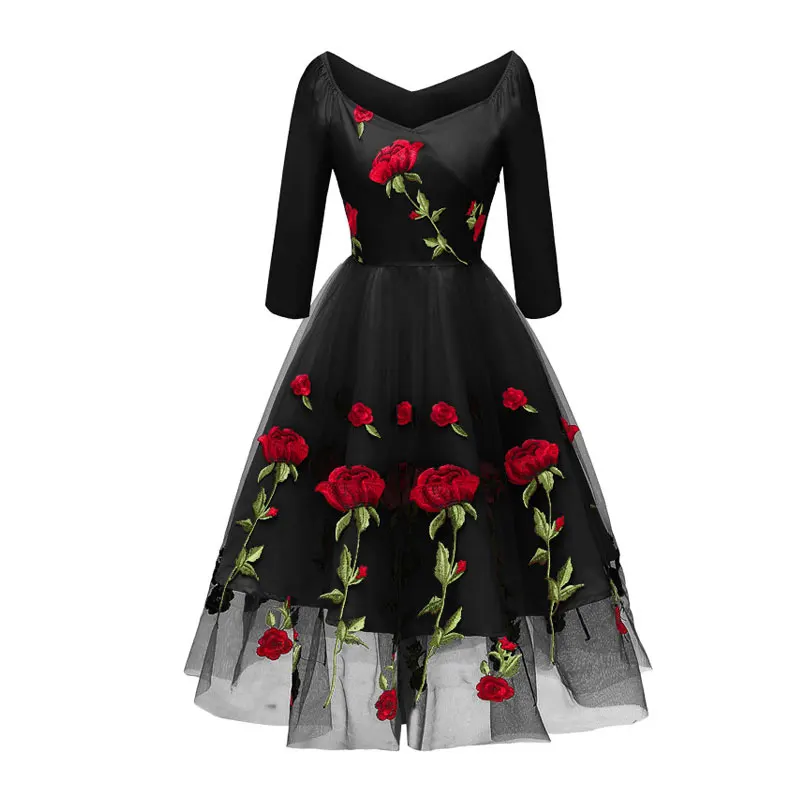 

Sexy Women Multi Layer Skater Mesh Dress 2019 Spring Women Elegant Lady V Neck Floral Embroidery Mesh Dress Wedding Party Dress