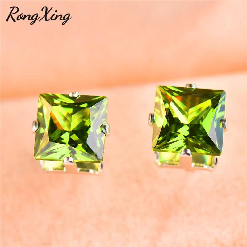 Olive Green RongXing, очаровательные разноцветные циркониевые квадратные серьги-гвоздики для женщин, 925 серебро, заполненная серьга с камнем-талисманом, женские модные ювелирные изделия - Окраска металла: Olive Green