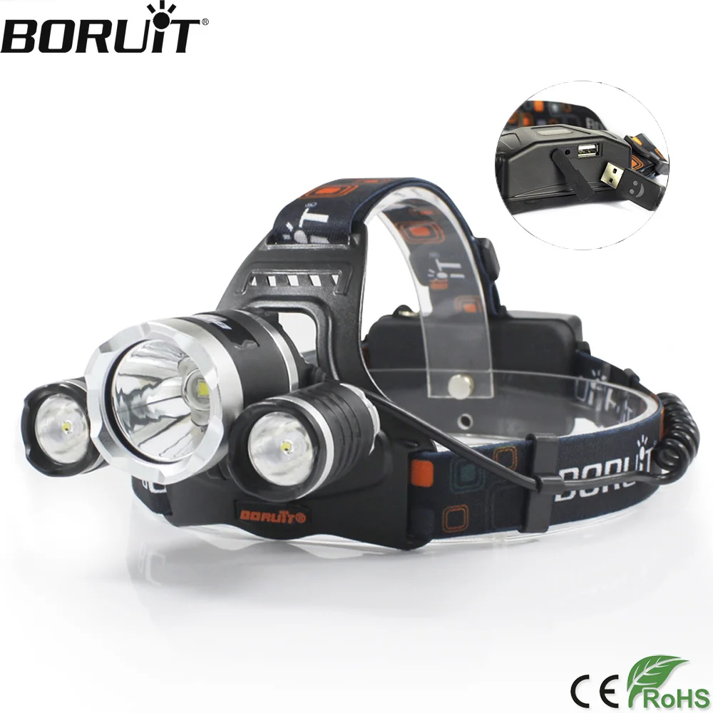 

Налобный фонарь BORUiT RJ-5000, XM-L2 + 2 * R2, светодиодный, 18650 лм, 4 режима, водонепроницаемый, перезаряжаемый, внешний аккумулятор, налобный фонарь для...
