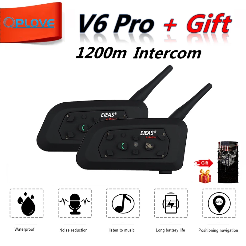 QPLOVE 2pcs EJEAS V6 Pro intercom 1200m motorcycle bluetooth helmet intercom CSR Chip 2.4GHz FM 6 Riders 8H Talking with Scarf