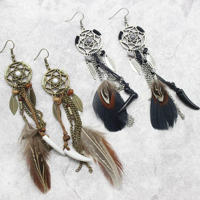 Длинные серьги Lucky Dreamcatcher в виде листьев пера индийские ретро серьги-подвески