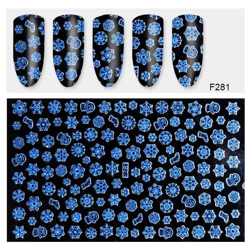 Blue F281 1 лист, 3D наклейки для ногтей, рождественский снежинка, снежный дизайн, клей для рукоделия, наклейки для ногтей, украшения для ногтей, сделай сам, маникюр - Цвет: Blue F281