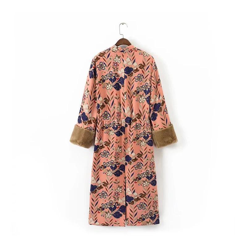 JuneLove 2018 Autumn Long Coat Women Floral Print Sashes Casual Fashion Faux Fur Patchwork Sleeve Outwears Tops | Женская одежда