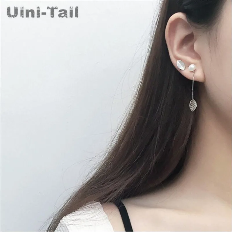 Uini-Tail новые 925 пробы Серебряные Оригинальные асимметричные серьги в виде листьев
