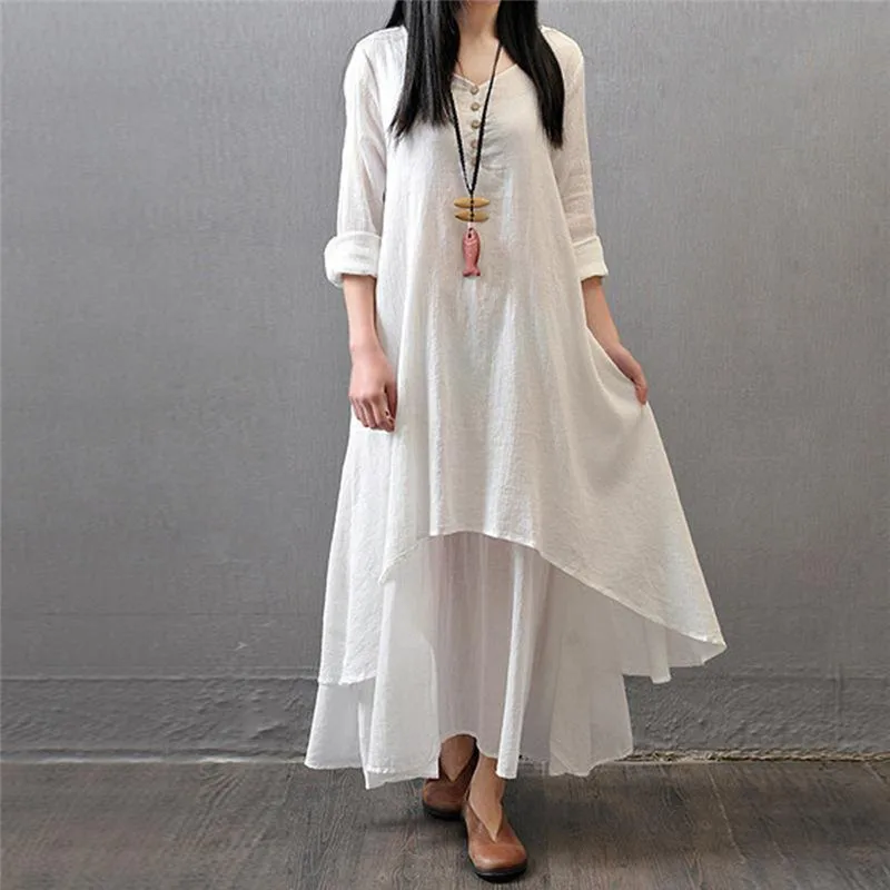 2019 Большой размер Макси платья женские фальшивые два предмета с длинным рукавом