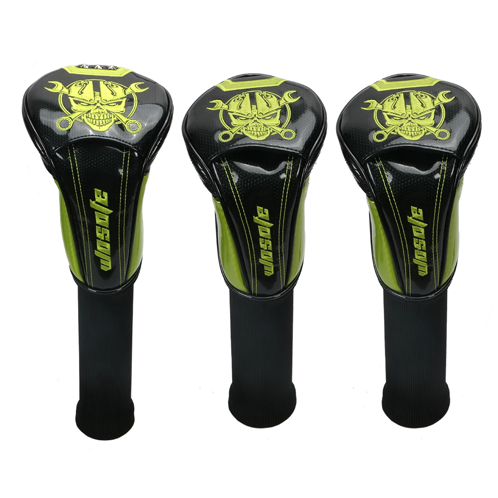 

NEW Golf Club Headcovers 1# Driver 3# 5# Wood # Hybrid Cover black PU Leather with green Skull embroidery Head Covers