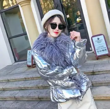 silver Зимние Для женщин вниз хлопковая куртка серебряный глянцевый Искусственный Мех Овцы пальто хлопка сплошной свободные Теплая парка Женская Лоскутная Верхняя одежда L1750 - Цвет: silver