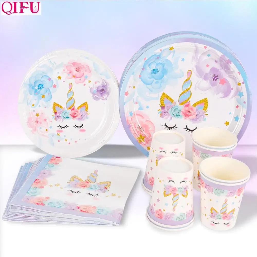 

QIFU Unicorn Party Supplies Disposable Tableware Unicorn Birthday Party Decor First My Little Pony Birthday Girl Boy Unicornio