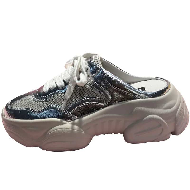 Шлепанцы женские из натуральной кожи на платформе 5 см серебристо-розовые | Обувь