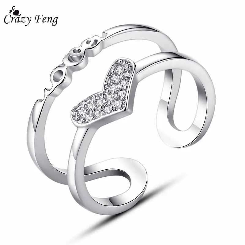 Crazy Feng Womens Crystal Heart Opening Adjustable Rings Valentines Gift Elegant Silver Color Hollow Letter Love Bague Bijoux - купить по