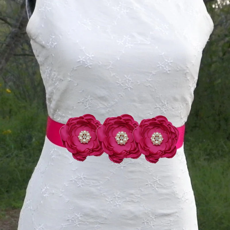 women sash belt baby girl satin Layered flower sash Belt Wedding bridesmaid Pearl Flower sash party accessories 200pcs/lot