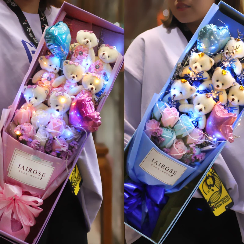 Мягкое Животное плюшевый медведь искусственная коробка с лампой сушеные цветы