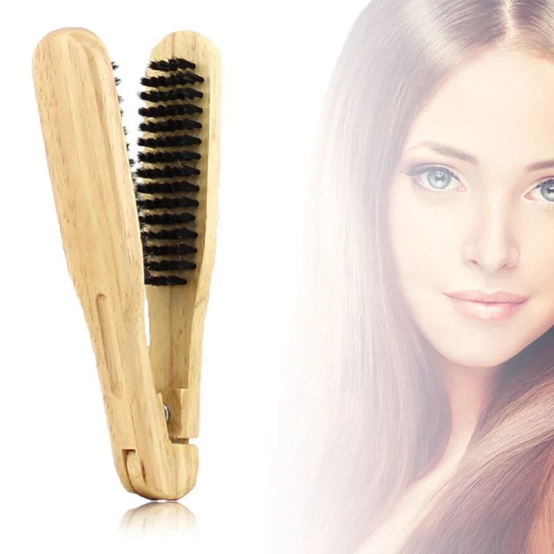 

Professional Double Brushes Hairdressing Comb V Type Straight Hair Brush Wooden Handle Anti-static Hairs Styling Tools @