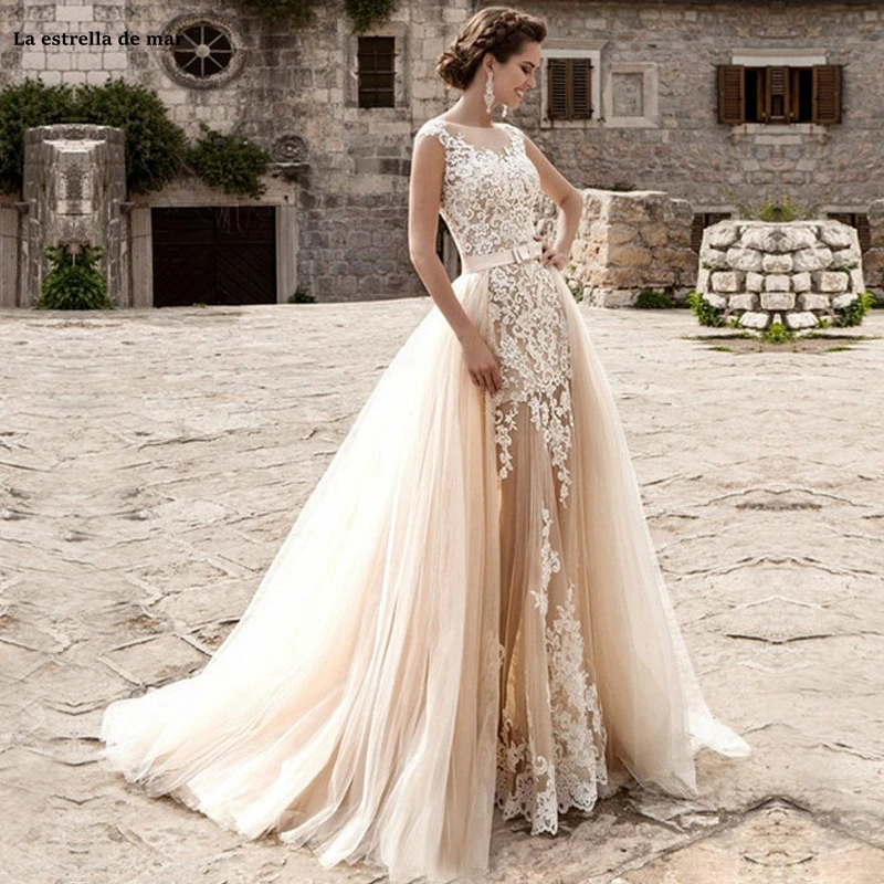 vestidos de novia corte sirena2020 new lace champagne beach style wedding dress detachable skirt gelinlik amanda novias bridal | Свадьбы и