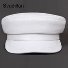 Модная военная шапка из натуральной кожи, весенняя шапка для женщин и мужчин, черная, белая, с плоским верхом, Женская дорожная шапка Кадета, Кепка Капитана