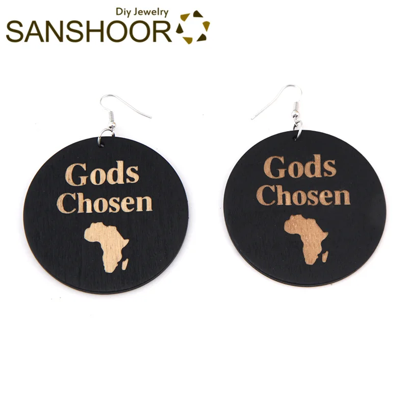 SANSHOOR/6 см серьги капли из дерева с большой резной надписью God chosed Африканской