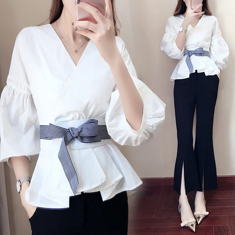 

summer new women V-neck short sleeve knit cotton irregular shirt high waist wide leg flared pants suit female two piece set