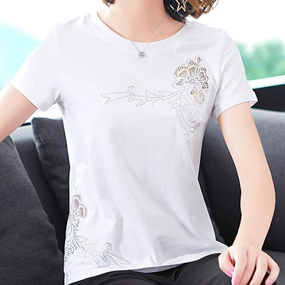 white t shirt Shintimes размера плюс футболка женская футболка в алмазах Цветочная открытая винтажная одежда футболки топы летние хлопковые футболки Femme - Цвет: white t shirt