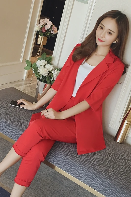 

Women Clothes Small Suit Two-piece Korean Casual Fashion Temperament Five-point Sleeves Long Section Suit Suit Female Summer