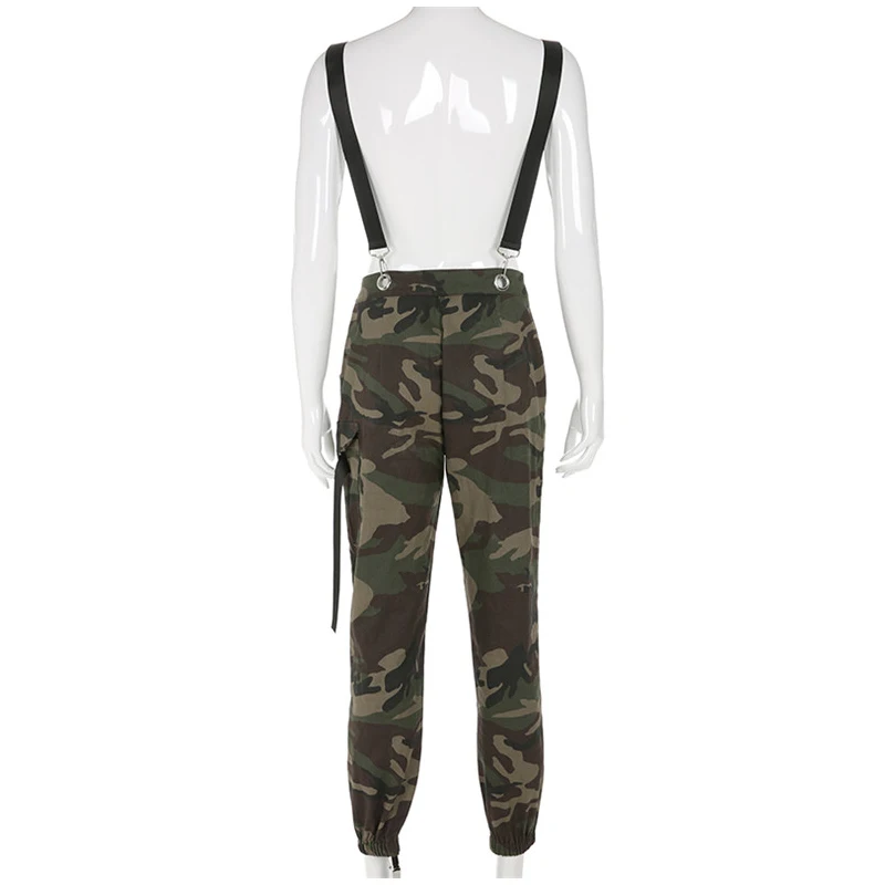 Rapwriter Fashion High Waist Cotton Camouflage Overalls Women Autumn Streetwear Side Pocket Strap Trousers Pencil Pants