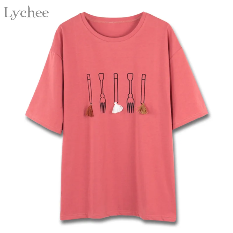 Lychee/симпатичная Женская летняя футболка с персонажами из мультфильмов посуда