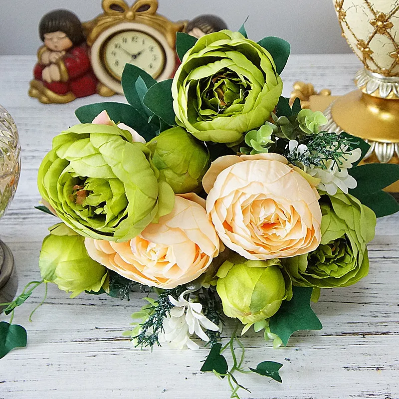 white green 1 шт. букет HI-Q Европейский 12 голова искусственный цветок живопись маслом пион роза Шелковый цветок Искусственный лист Свадебные вечерние украшения для дома - Цвет: white green