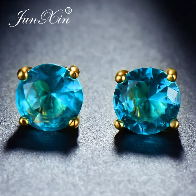 Lake Blue Earrings JUNXIN мистические разноцветные циркониевые круглые серьги-гвоздики для женщин, желтое золото, заполненные фиолетовым, зеленым, синим камнем, свадебные серьги для женщин - Окраска металла: Lake Blue Earrings