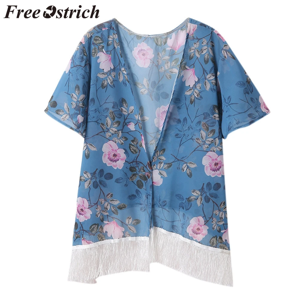 FREE OSTRICH Women Shirts Fresh Flower Pattern Beach Loose Beautiful Blue Batwing Sleeve Honorable Elegant Summer Blouse | Женская