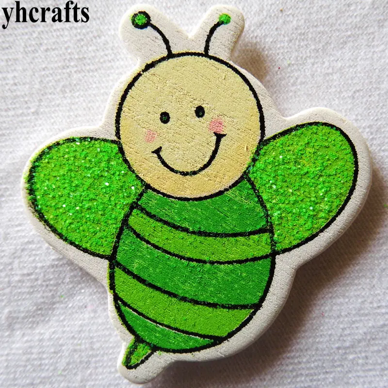 100PCS/LOT Green glitter bee wood stickers Easter Spring crafts.Kids room decoration DIY toys Craft material Scrapbooking kit | Игрушки и