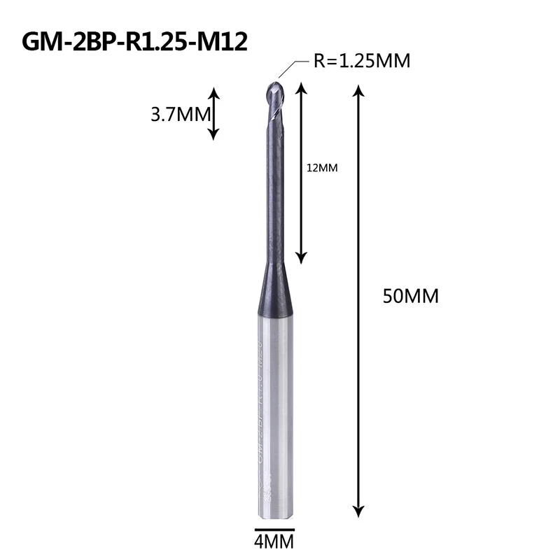 GM-2BP R1.0-R2.5, Вольфрамовая сталь, 2 флейты, круглый нос, длинная шея, короткая режущая кромка, с покрытием, Концевая фреза с ЧПУ, фреза, режущие инструменты - Длина режущей кромки: GM-2BP-R1.25-M12