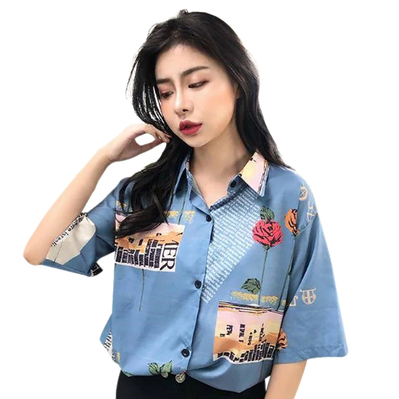 

Summer Girls Retro Sweet Blouse Rose Print Short Sleeve Blouses Shirts Women Floral Chiffon Blouse Loose Top