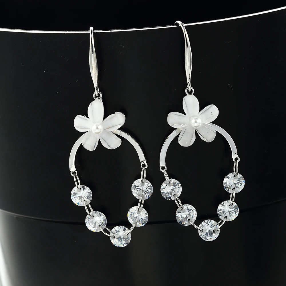 Women Dangle Drop Earrings with Circle Round AAA+ Cubic Zirconia Zircon Resin Flower and Pearl Earring Office Ladies | Украшения и